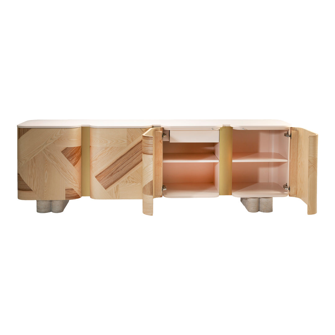 Light wood sideboard with geometric patterns and soft pastel accents, featuring open shelves and smooth doors.