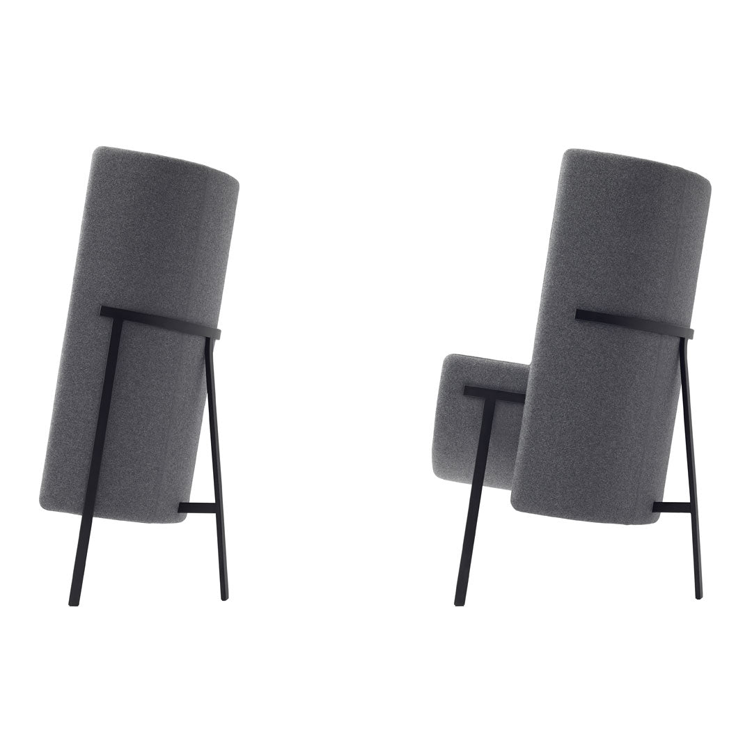 Gray upholstered chair with a sleek black metal frame, featuring a modern cylindrical backrest design.