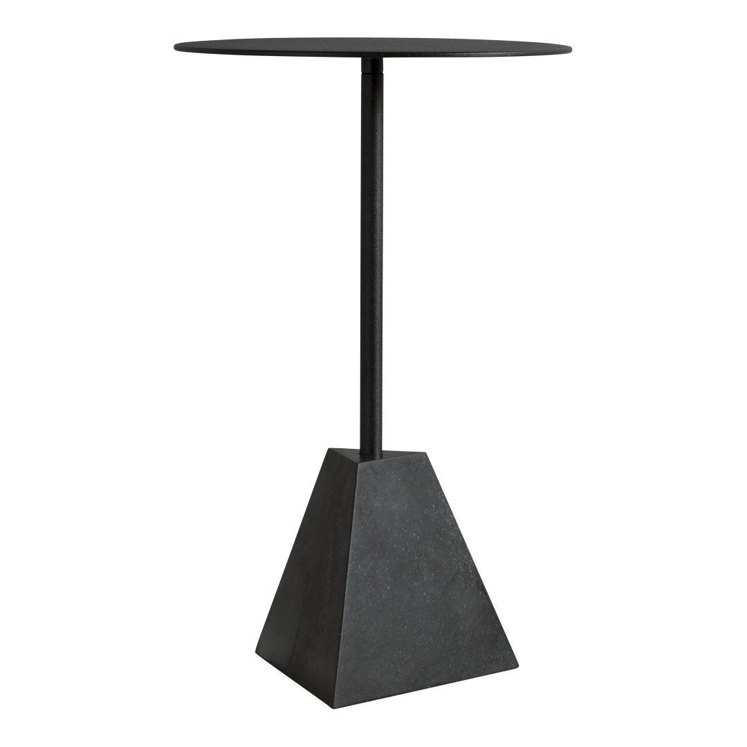 Modern black side table with a sleek circular top and a geometric pyramid base, combining minimalist design and style.