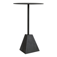 Modern black side table with a sleek circular top and a geometric pyramid base, combining minimalist design and style.