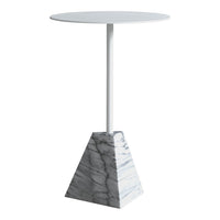 Round white tabletop with a sleek triangular gray marble base featuring subtle veining. Modern design for any decor.