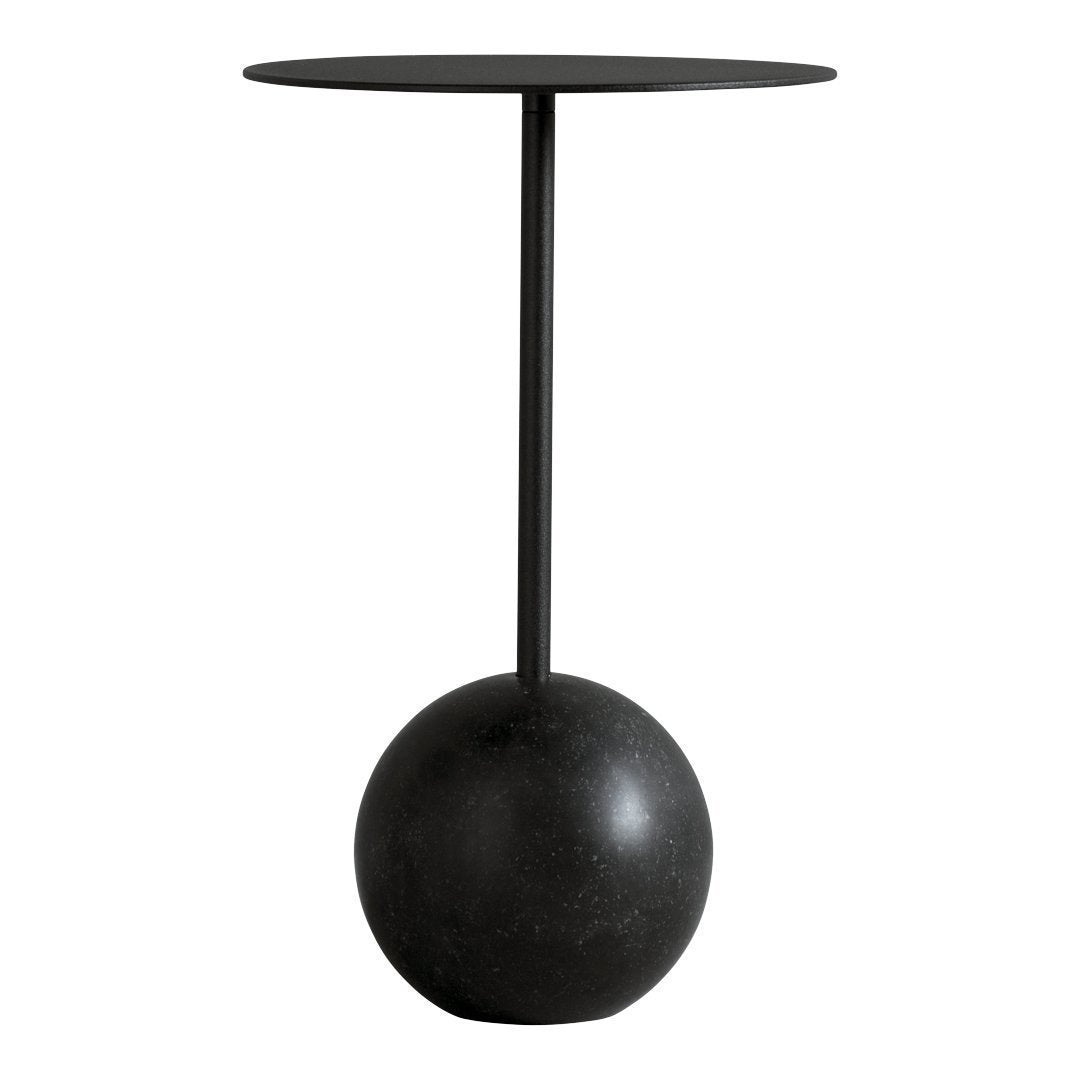 Black minimalist side table with a round top and a spherical base, showcasing a sleek, modern design.