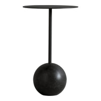 Black minimalist side table with a round top and a spherical base, showcasing a sleek, modern design.