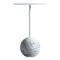 White round tabletop on a marble-patterned spherical base, showcasing sleek monochrome elegance.