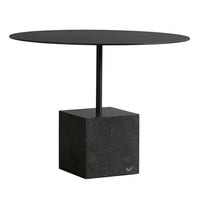 Black round coffee table with a sleek, matte finish and a textured black cube base, perfect for modern decor.