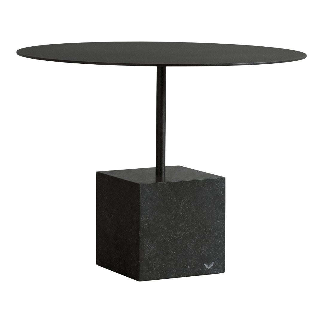 Sleek black round top coffee table with a textured black stone base, blending modern design and elegance.