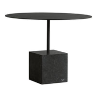 Sleek black round top coffee table with a textured black stone base, blending modern design and elegance.