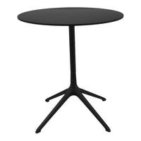 Sleek black round table with a smooth surface and minimalist tripod base, ideal for modern decor.