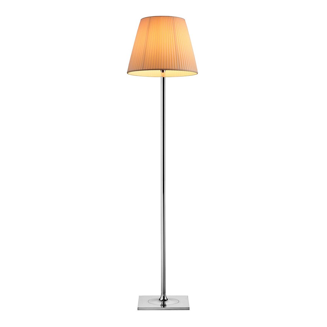 Modern floor lamp with a sleek chrome base and an elegant orange pleated shade. Perfect for stylish lighting.