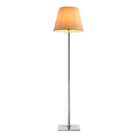 Modern floor lamp with a sleek chrome base and an elegant orange pleated shade. Perfect for stylish lighting.