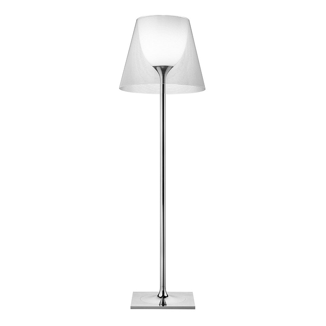 Modern chrome floor lamp with a translucent white shade, featuring a sleek, minimalist design. Ideal for contemporary decor.