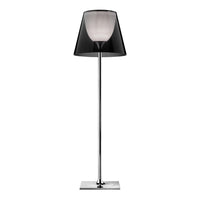 Modern black and transparent gray floor lamp with a sleek chrome base and minimalist design.