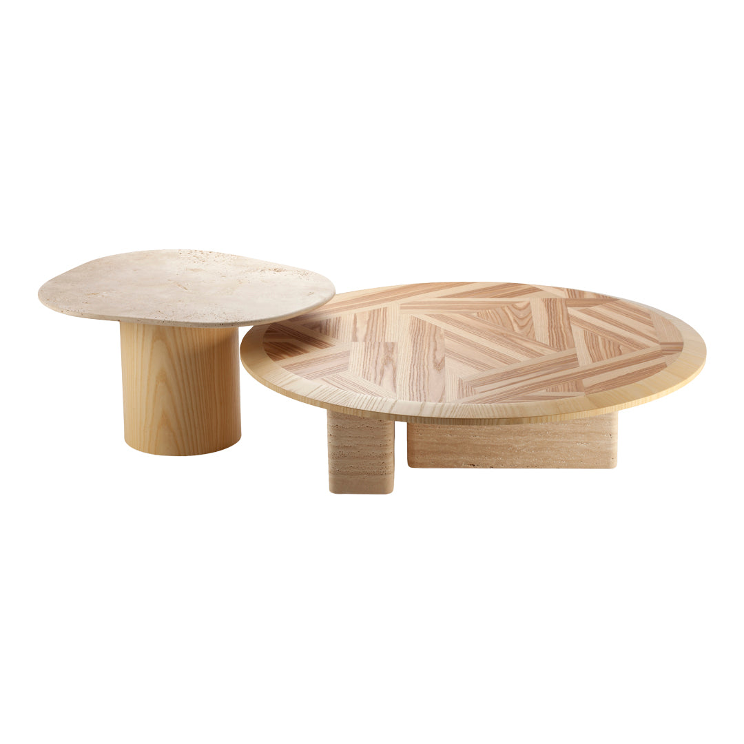 Natural light wood serving platters with geometric patterns, featuring a round and a low-profile design.