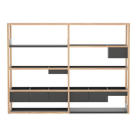 Modern shelving unit with oak frame and black shelves, featuring a combination of solid and open design elements.