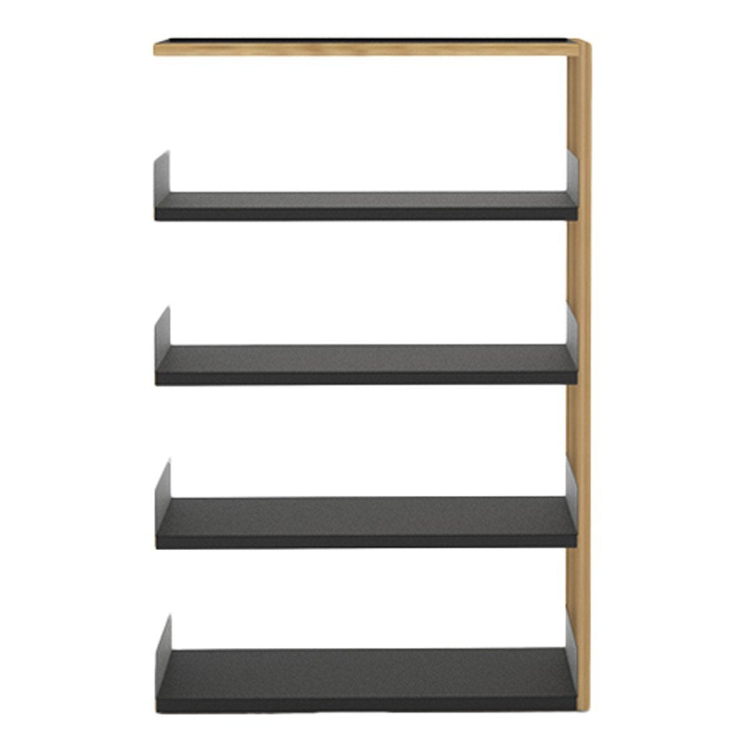 Modern bookshelf in black and natural wood finish, featuring a sleek, minimalist design with clean lines.
