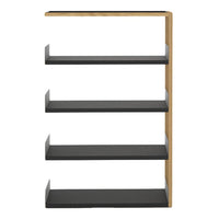 Modern bookshelf in black and natural wood finish, featuring a sleek, minimalist design with clean lines.