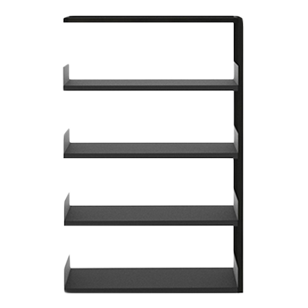 Sleek black bookshelf with minimalist design and clean lines, featuring four open shelves for stylish storage.