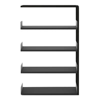 Sleek black bookshelf with minimalist design and clean lines, featuring four open shelves for stylish storage.