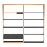 Modern wood and gray shelving unit with open and closed storage, featuring a sleek minimalist design.