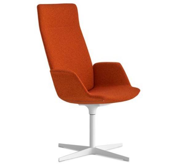 Orange high-back chair with sleek white base, featuring a minimalist design and soft textured fabric. Perfect for modern decor.