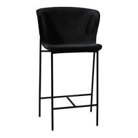 Black upholstered bar stool with a sleek black metal frame and minimalistic design. Perfect for modern decor.