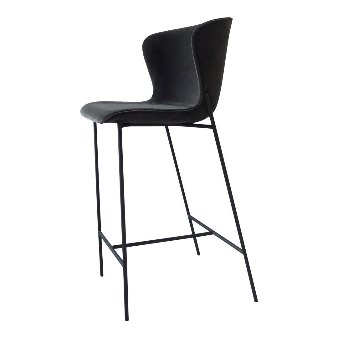 Modern black high chair with sleek curved design and minimalist black metal legs. Ideal for contemporary spaces.