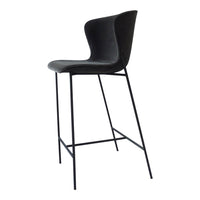Modern black high chair with sleek curved design and minimalist black metal legs. Ideal for contemporary spaces.