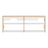 White and natural wood console table with minimalist design and sleek lines, featuring two open shelves and drawers.