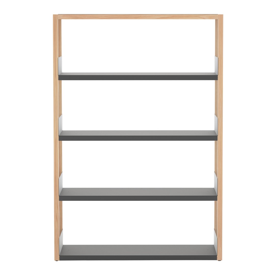 Wooden bookshelf with a light beige frame and four sleek, gray shelves. Modern design with clean lines.