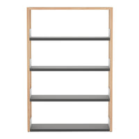 Wooden bookshelf with a light beige frame and four sleek, gray shelves. Modern design with clean lines.