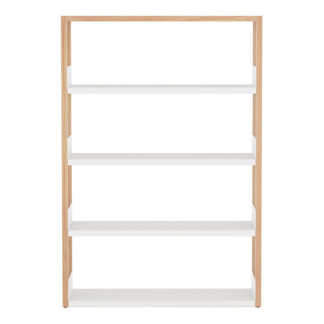 Wooden shelf unit with a natural wood frame and sleek white shelves for a modern, minimalist look.