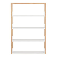 Wooden shelf unit with a natural wood frame and sleek white shelves for a modern, minimalist look.