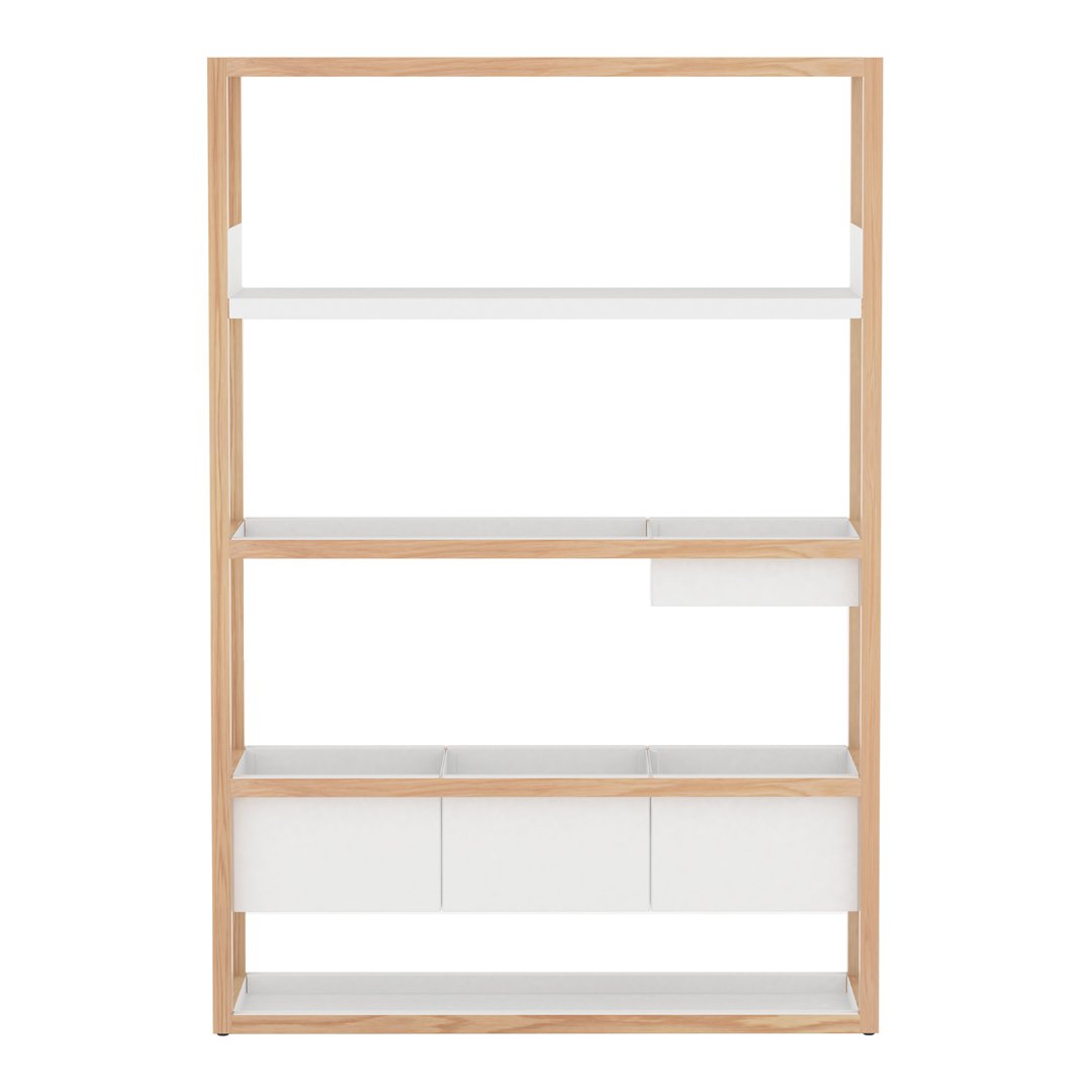 Modern wooden bookshelf with a light natural wood frame and sleek white shelves. Minimalist design highlights clean lines.
