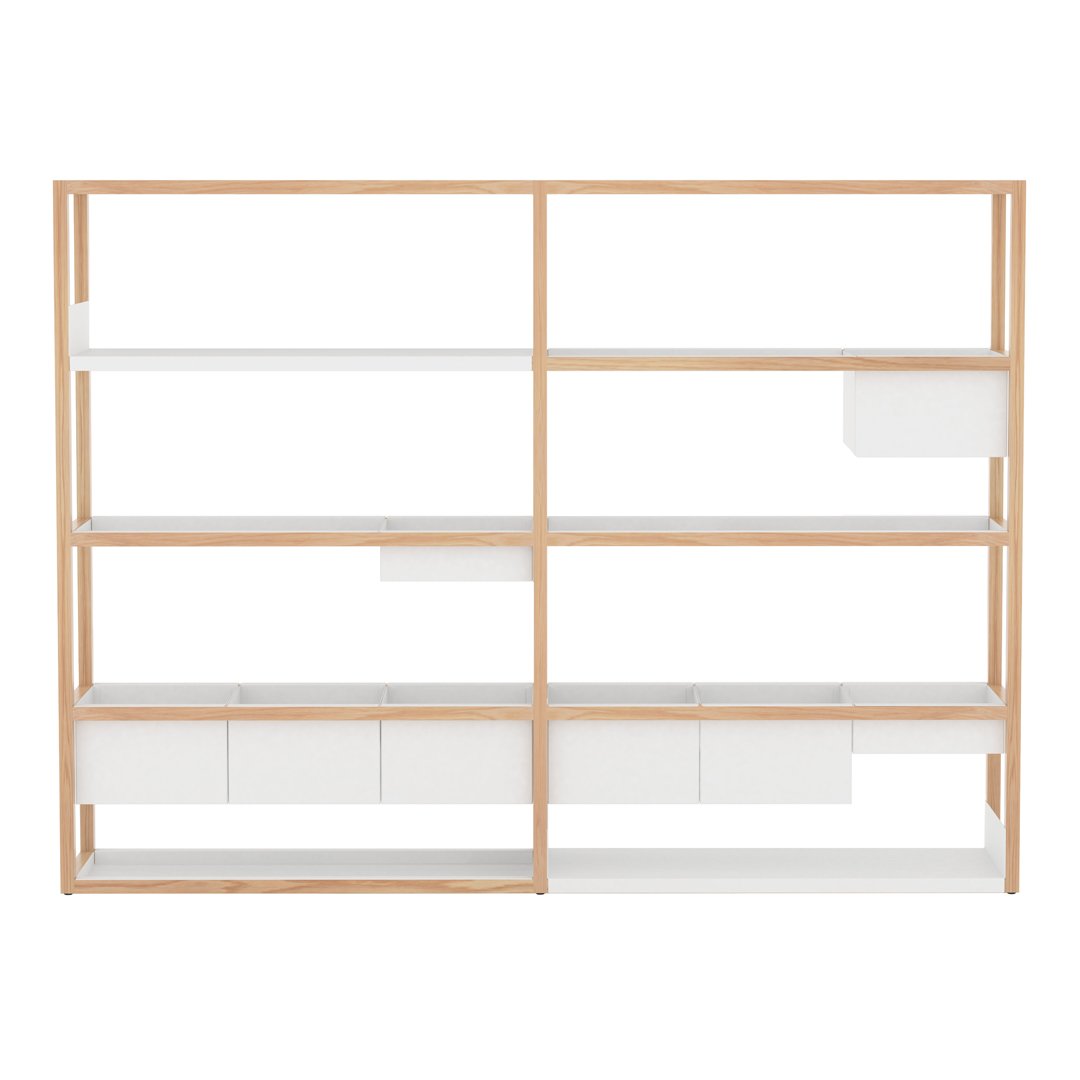 Modern shelving unit features natural wood and sleek white panels for a stylish, contemporary look.