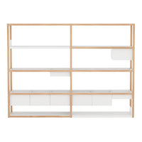 Modern shelving unit features natural wood and sleek white panels for a stylish, contemporary look.