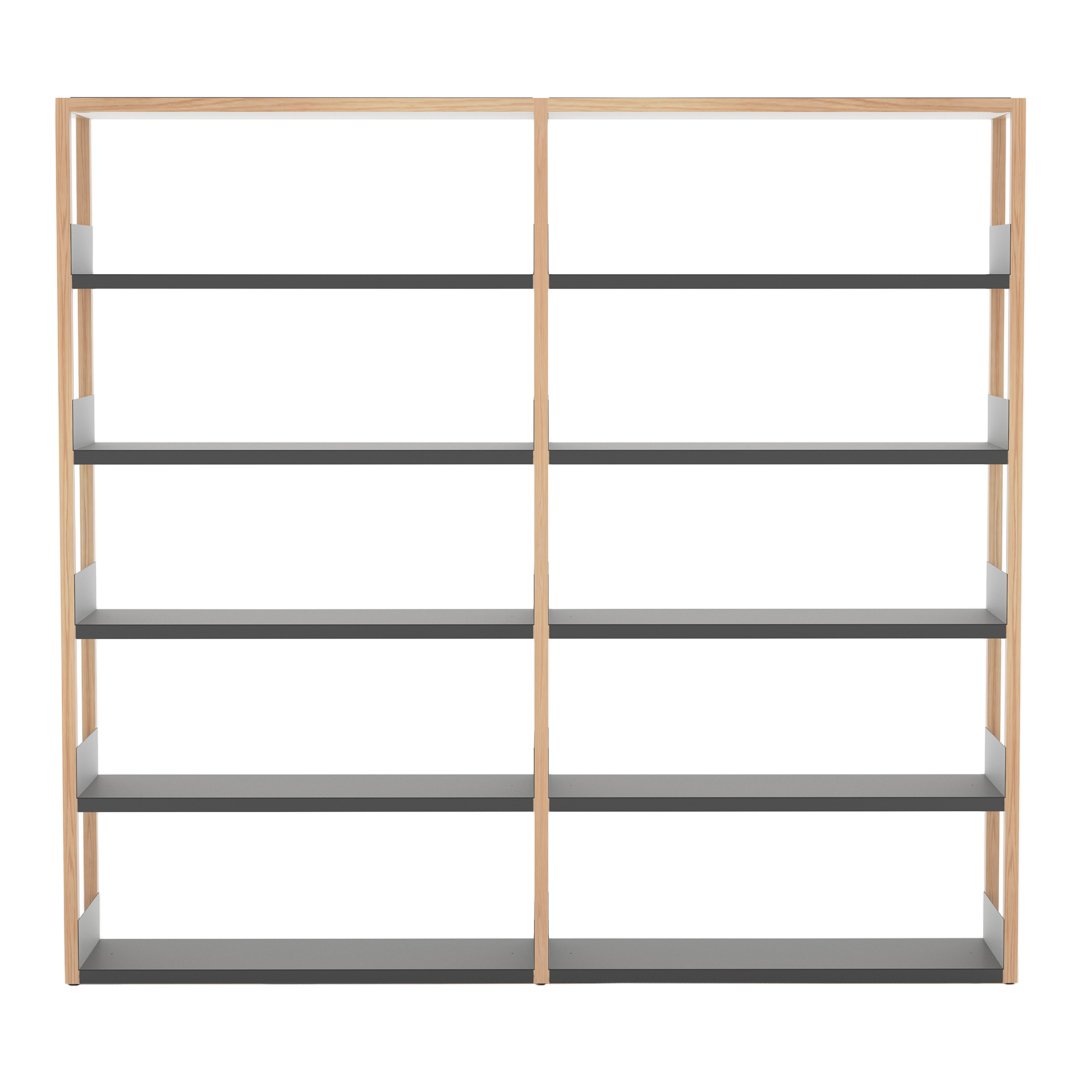 Wooden bookshelf with a light wood frame and dark gray shelves, featuring a modern, minimalist design.