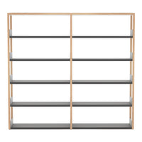 Wooden bookshelf with a light wood frame and dark gray shelves, featuring a modern, minimalist design.