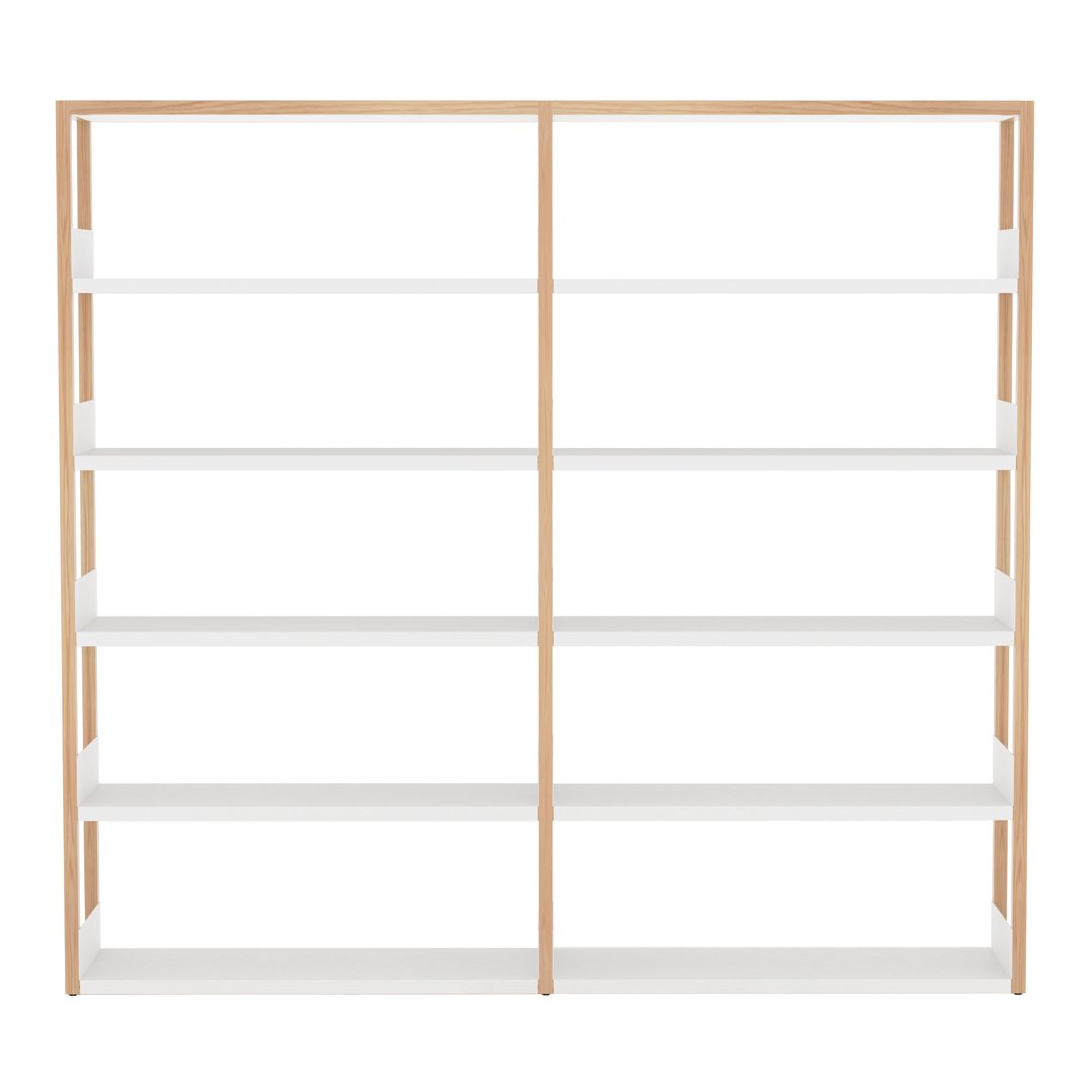 White shelving unit with natural wood accents, featuring a minimalist design and seven spacious shelves.