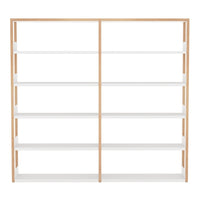 White shelving unit with natural wood accents, featuring a minimalist design and seven spacious shelves.