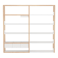 Modern white and natural wood bookshelf with clean lines and spacious shelving. Elegant minimalistic design.