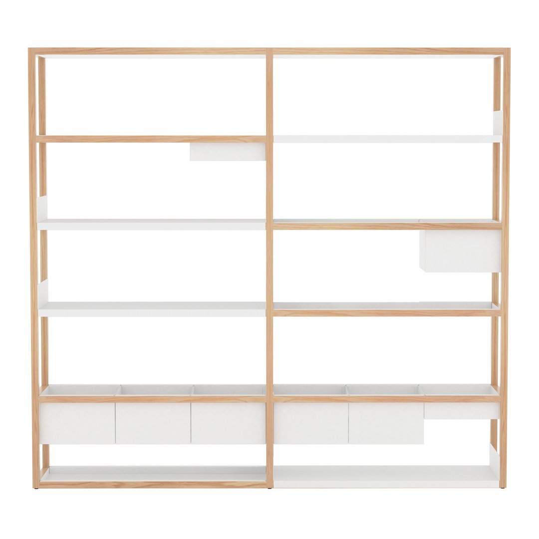 Modern white shelving unit with natural wood frame, featuring clean lines and a minimalistic design.