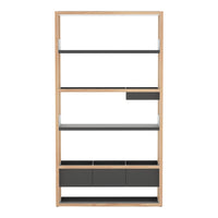 Modern shelving unit featuring a natural wood frame with gray shelves and dark gray drawer accents.