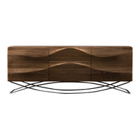 Brown wood sideboard with wave patterns and black metal legs, blending modern design with natural textures.
