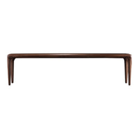 Elegant dark wood bench with a smooth, minimalist design and sleek, curved legs in a rich brown finish.