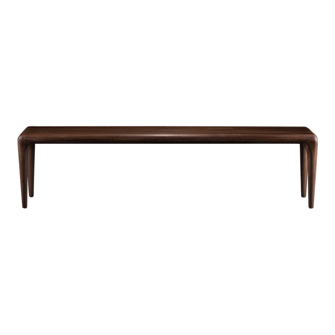 Dark brown rectangular bench with smooth surface and tapered legs, showcasing a minimalist design. Ideal for modern decor.