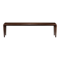 Dark brown rectangular bench with smooth surface and tapered legs, showcasing a minimalist design. Ideal for modern decor.