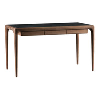 Sleek black tabletop with warm brown wood legs and drawers, featuring a minimalist design for contemporary elegance.