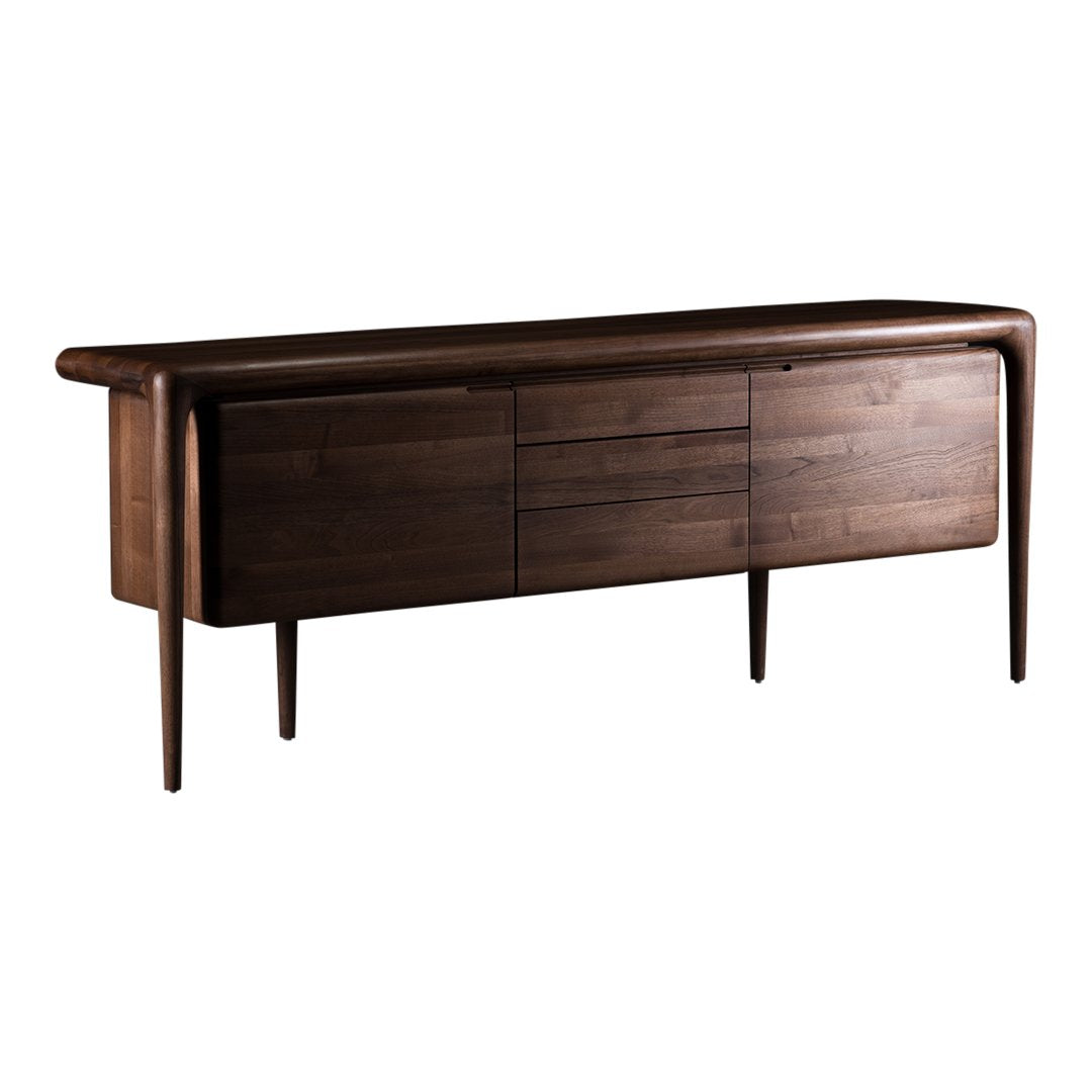 Elegant dark wood sideboard with smooth surfaces and rounded edges, perfect for modern decor.