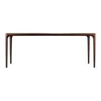 Sleek wooden table in a rich brown finish, featuring a smooth, minimalist design and tapered legs.