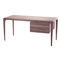 Elegant walnut wood desk featuring smooth grain, minimalist design, and a sleek drawer for modern home office style.
